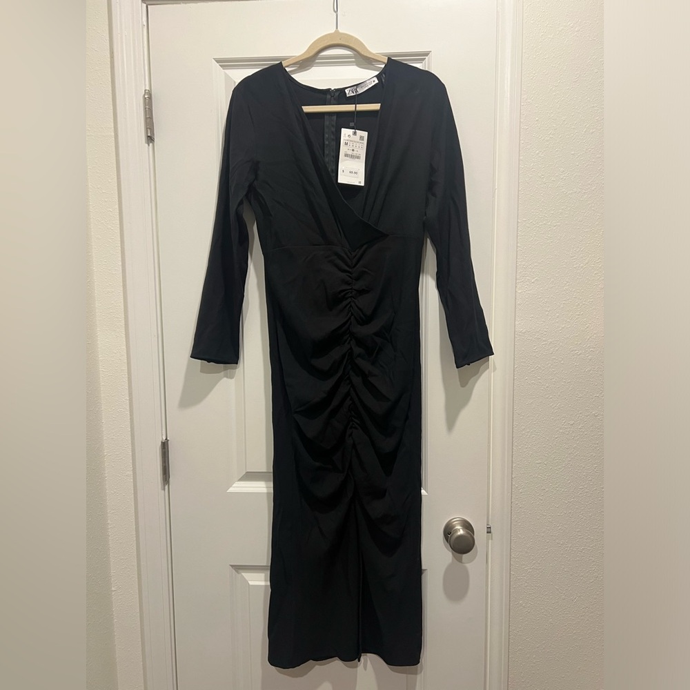 Zara Black Ruched Long Sleeve Dress